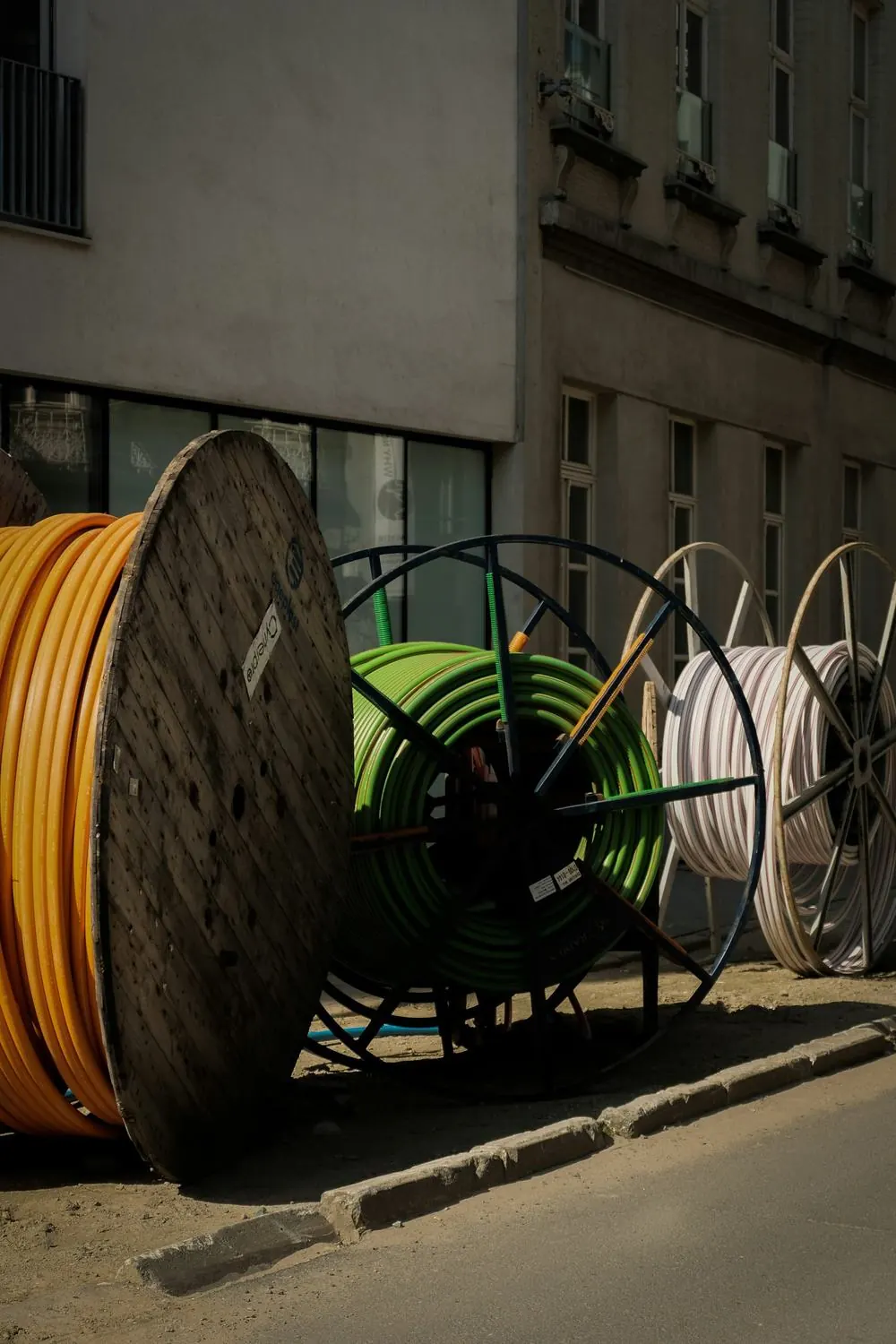 Reels of conduit ready for installation
